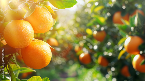 Bunch of fresh ripe oranges hanging on a tree in orange garden