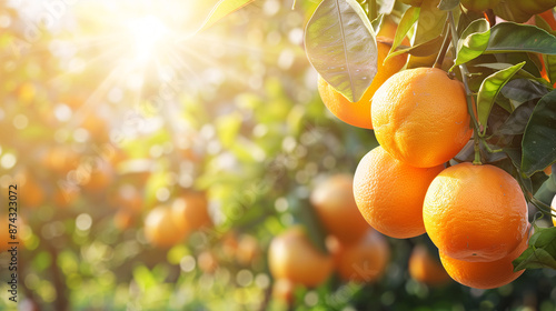 Bunch of fresh ripe oranges hanging on a tree in orange garden