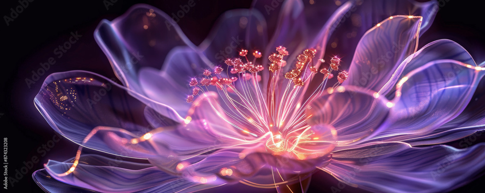 Obraz premium A transparent glass flower with neon lavender light outlining its petals. The soft glow of the neon light enhances the intricate details of the flower, creating a visually stunning effect.