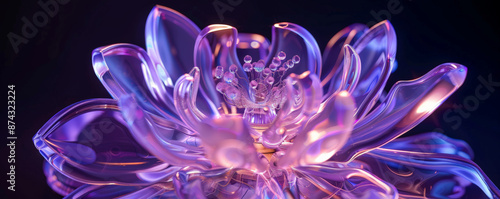 A transparent glass flower with neon lavender light outlining its petals. The soft glow of the neon light enhances the intricate details of the flower, creating a visually stunning effect. photo