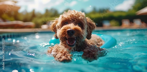 Happy Dog Floats In Pool On Sunny Day