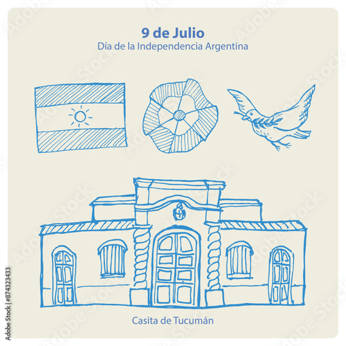 Plantilla de iconos 9 de Julio día de la independencia Casita de Tucumán simbolos patrios de Argentina