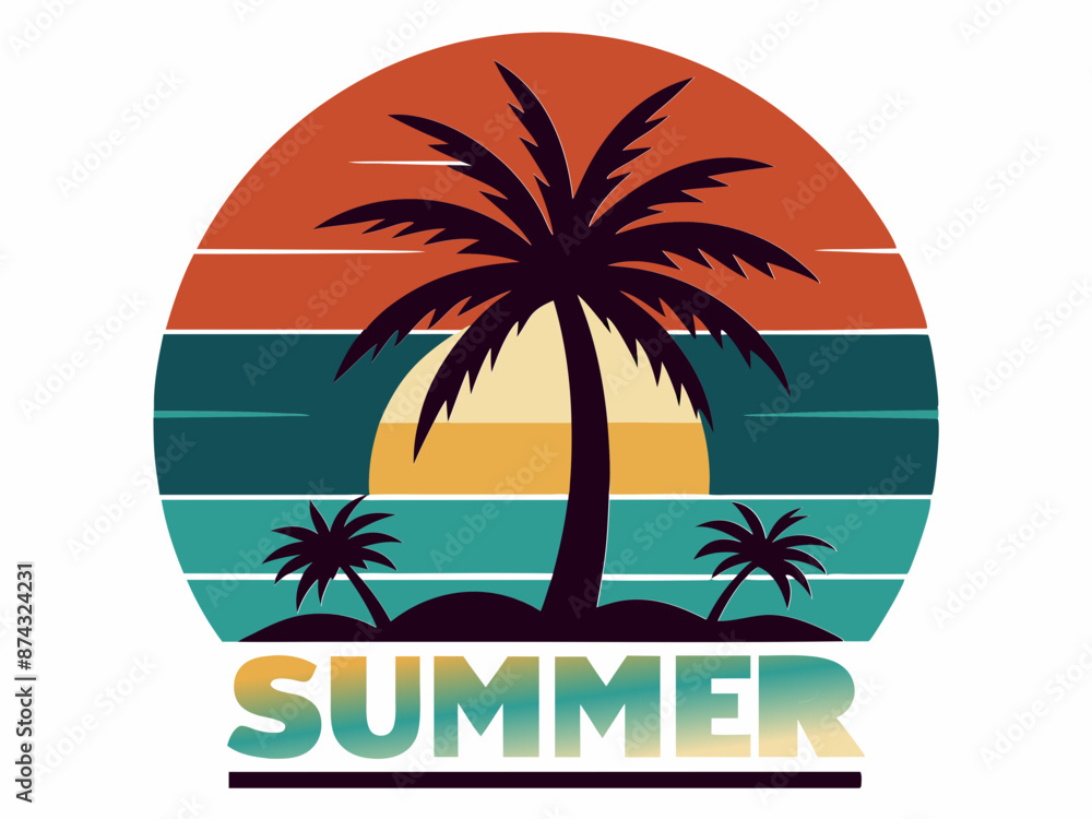 Fototapeta premium Summer t shirt design. Summer retro and vintage t-shirt deign with enjoying people, sunset and palm tree.