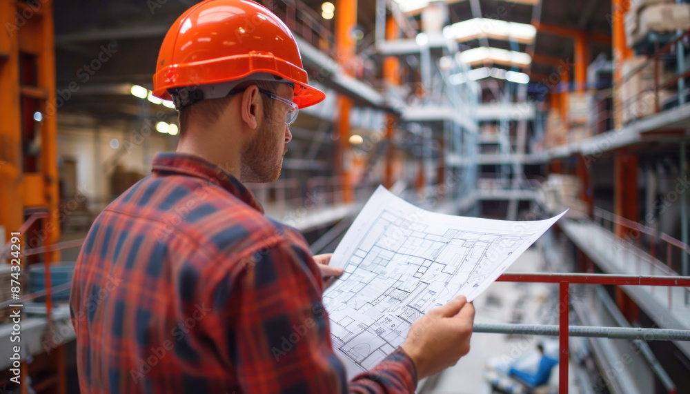 In a factory, a man is focused on inspecting a blueprint while wearing a hard hat In a factory, a man is focused on inspecting a blueprint while wearing a hard hat
