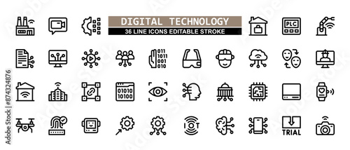 36 Digital Technology Line Icons Set Pack Editable Stroke Vector Illustration.