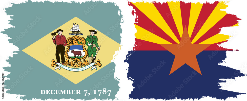 Obraz premium Arizona and Delaware states grunge brush flags connection, vector