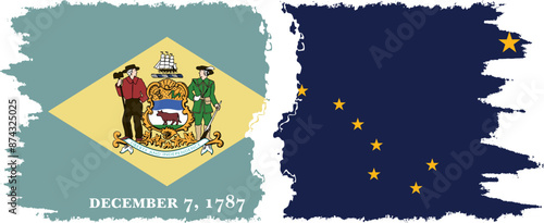 Alaska and Delaware states grunge brush flags connection, vector