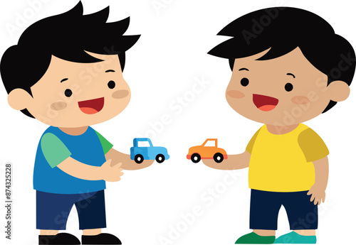 Two happy cartoon boys playing with a toy car and enjoying their time together