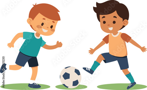Two young boys playing soccer on a field