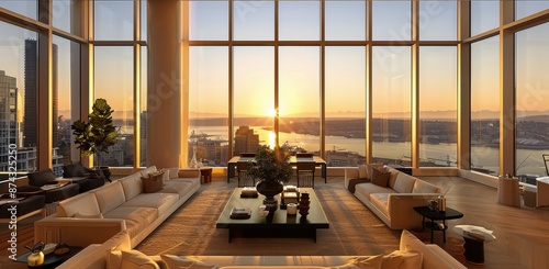 Modern Living Room With City Skyline View at Sunset