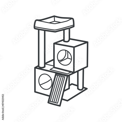 A vector linear icon of a cat house with three levels. The house is simple, black and white, and designed in a minimalist line art style © johnsmith_aps