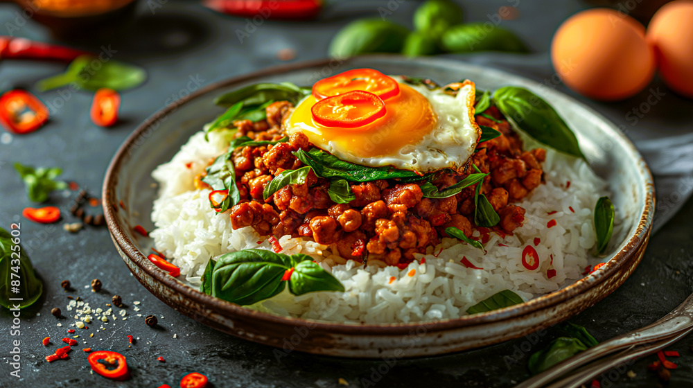 Pad Kra Pao, with stir-fried minced pork or chicken, Thai basil, and chili, served with jasmine rice and a fried egg on top, garnished with fresh chili slices.Generative ai illustration Pad Kra Pao, with stir-fried minced pork or chicken, Thai basil, and chili, served with jasmine rice and a fried egg on top, garnished with fresh chili slices.Generative ai illustration