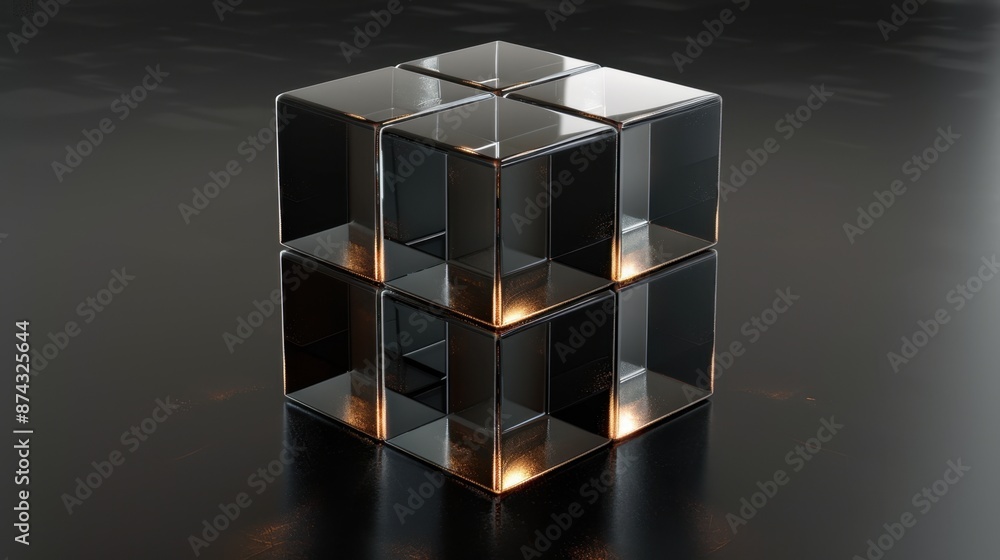Glass cube on a black background in a 3D render. A sleek and modern visual with a minimalist approach. Glass cube on a black background in a 3D render. A sleek and modern visual with a minimalist approach.
