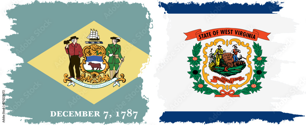 Fototapeta premium West Virginia and Delaware states grunge brush flags connection vector