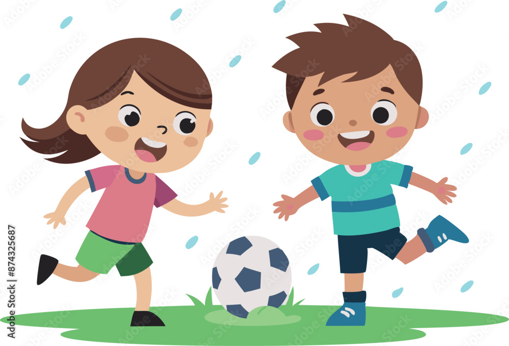 Happy children playing soccer outdoors in the rain, fun and energetic illustration Happy children playing soccer outdoors in the rain, fun and energetic illustration