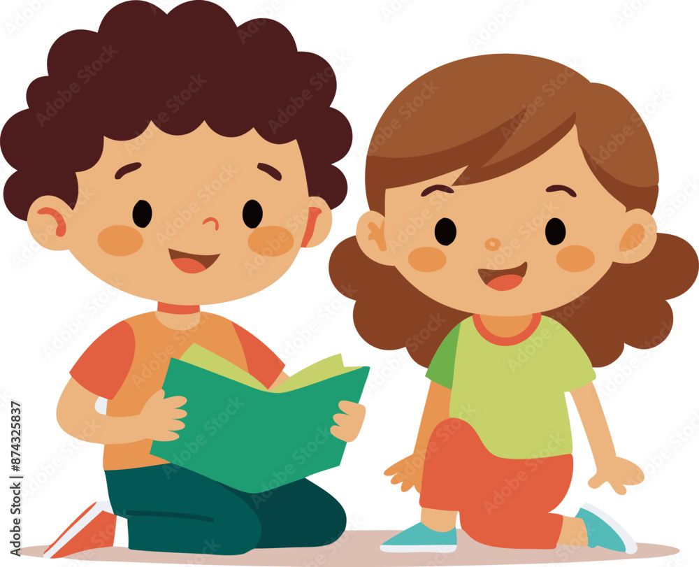 Animated children reading book together, happy kids learning and enjoying story time Animated children reading book together, happy kids learning and enjoying story time
