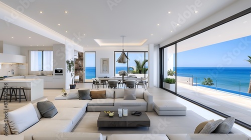 Open-concept living space with a gourmet kitchen seamlessly flowing into a spacious living room with plush sofas and a breathtaking ocean view photo