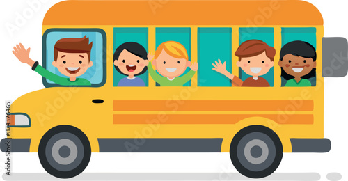 A yellow school bus with children on it