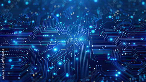 Abstract AI circuit board background. Technology connected blue lines with electronics elements on tech bg. Computer motherboard with a chip, processor, and semiconductor. Digital vector illustration photo