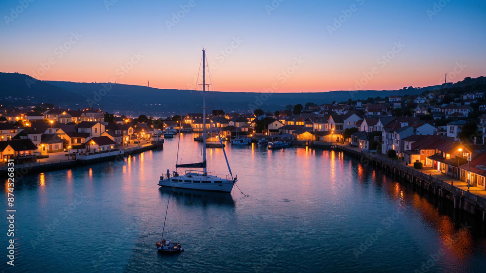 Naklejka premium arafed sailboat in the water at dusk in a harbor