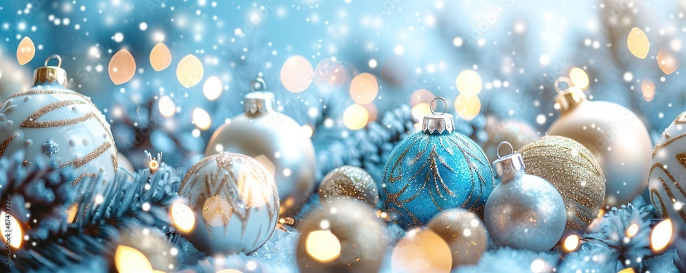A group of blue and gold Christmas ornaments are displayed on a bed of white snow with twinkling lights in the background A group of blue and gold Christmas ornaments are displayed on a bed of white snow with twinkling lights in the background