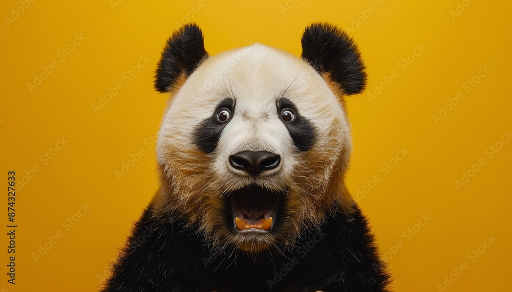 Obraz premium Surprised panda against a bright yellow background
