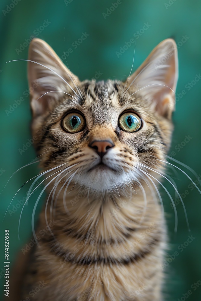 Fototapeta premium Tabby cat with wide eyes, green background