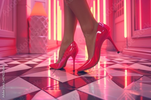 A woman in red heels walks through a hallway with neon pink lighting