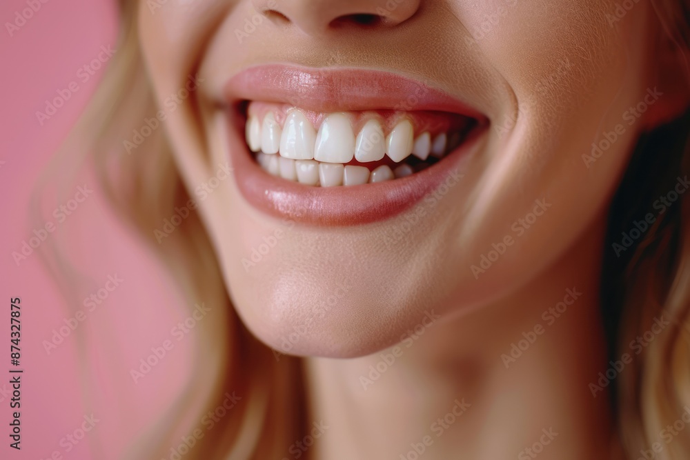 A woman with blonde hair smiles with her mouth open, revealing her white teeth A woman with blonde hair smiles with her mouth open, revealing her white teeth