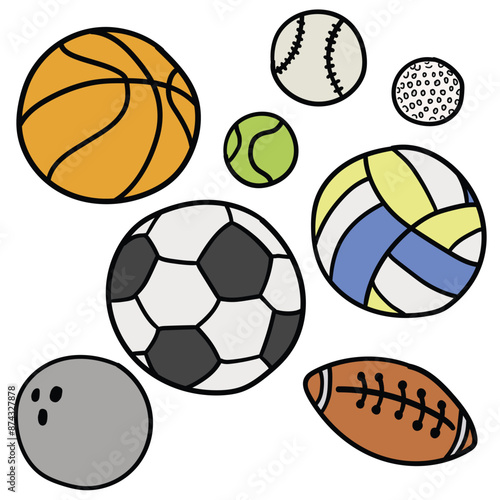 Hand drawn cartoon set of sports game balls on white background. Basketball, baseball, goal, tennis, soccer, volleyball, rugby or American soccer, bowling.