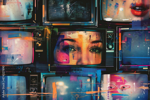 Art collage of multimedia images on different old television screens. Mosaic contemporary art. Generative AI. Modern background.