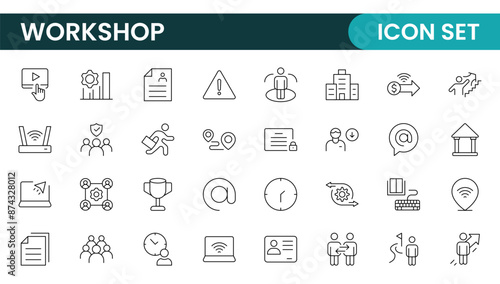 Set of Workshop and Coaching line icons. Outline icon collection related to training, coaching, mentoring, education, meetings, conferences, and teamwork.