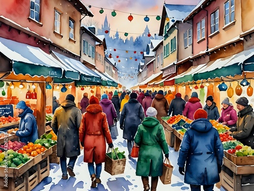 Wallpaper Mural Watercolor painting of a bustling winter market scene in a European town. Torontodigital.ca