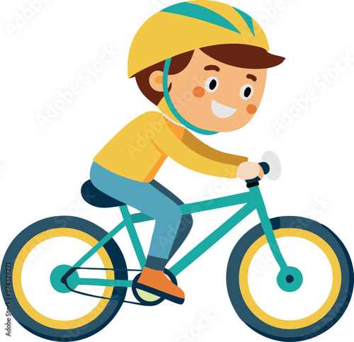 A young boy is riding a bicycle with a yellow helmet