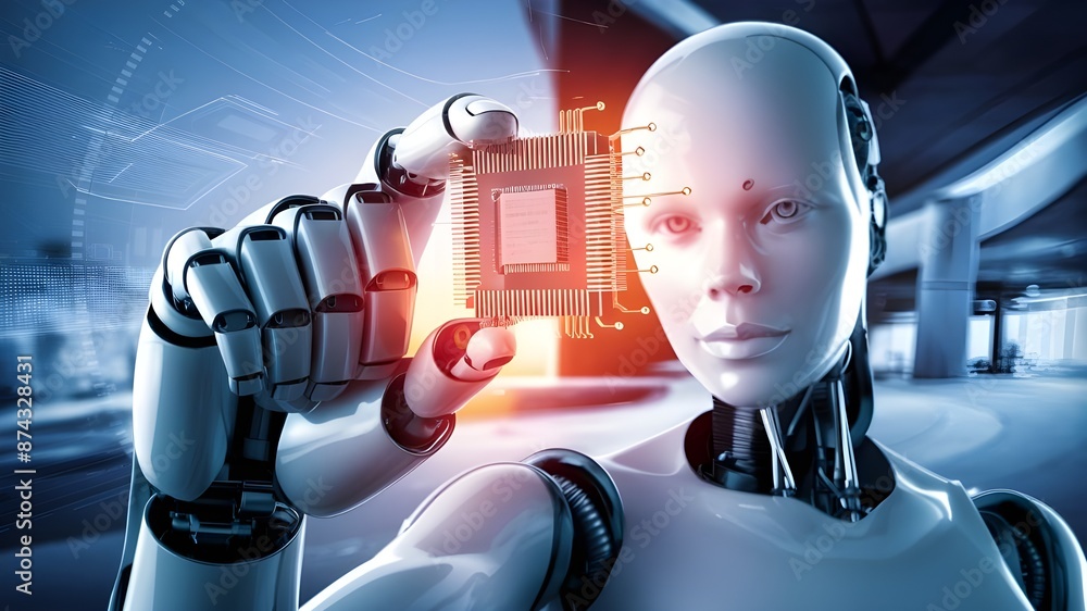An sophisticated microprocessor is shown in a 3D picture of a humanoid ...