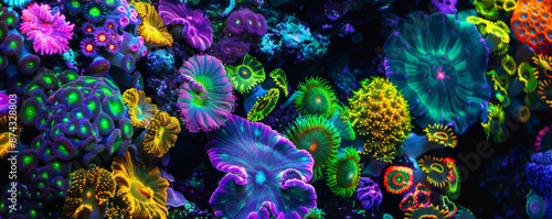 A vivid display of fluorescent corals in bright hues such as neon yellow, electric purple, and vibrant green, isolated on a black background to showcase their glowing and intricate designs.