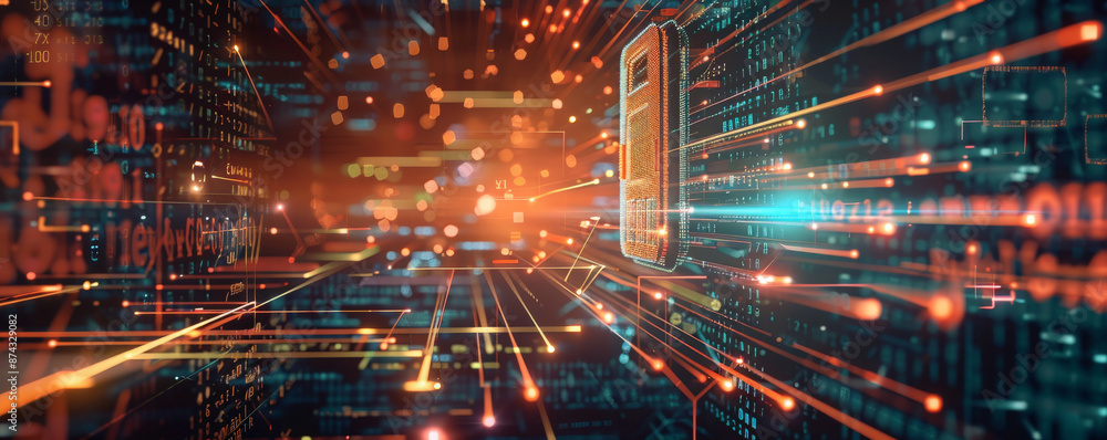 Fototapeta premium Abstract cyber security background featuring a digital lock, binary code streams, and interconnected network lines.