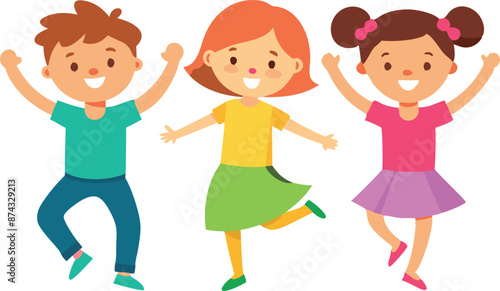 Three children are jumping and smiling in a cartoon
