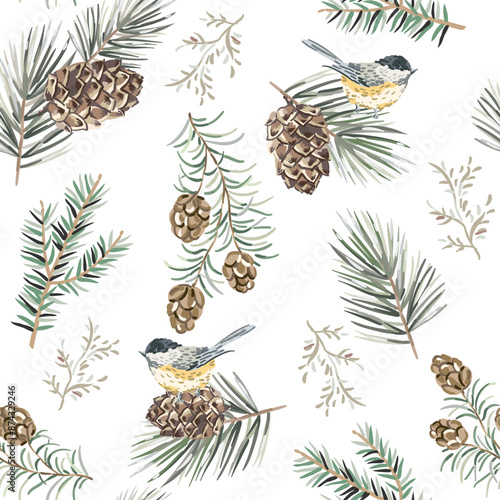 Christmas seamless pattern, chickadee birds, green twigs, pine cones, white background. Vector illustration. Nature design. Season greeting. Winter Xmas holidays