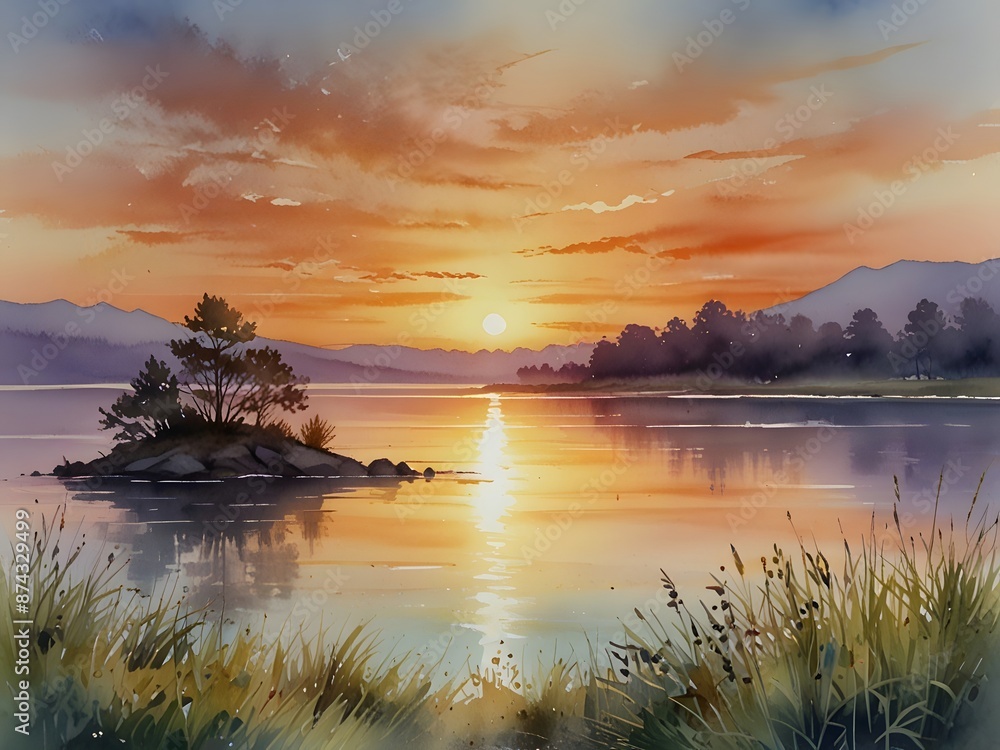Fototapeta premium Fiery orange sun dips below the horizon, casting a golden reflection on the calm lake at twilight