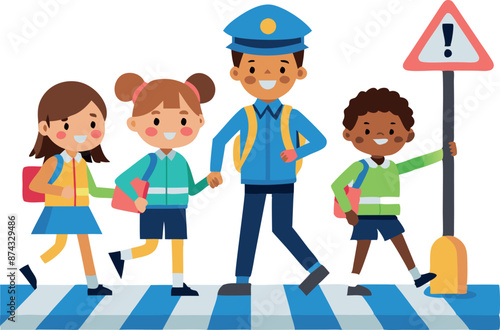 A group of children are crossing the street with a police officer