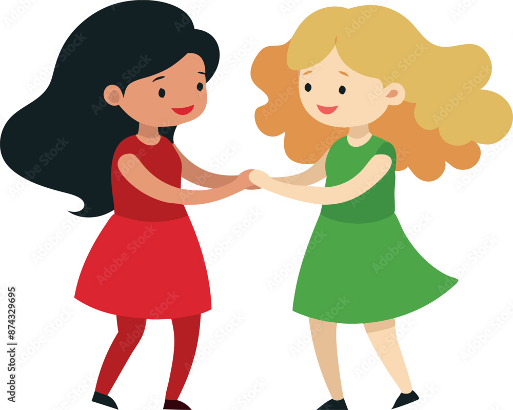 Two young girls are smiling and holding hands while standing side by side. Two young girls are smiling and holding hands while standing side by side.