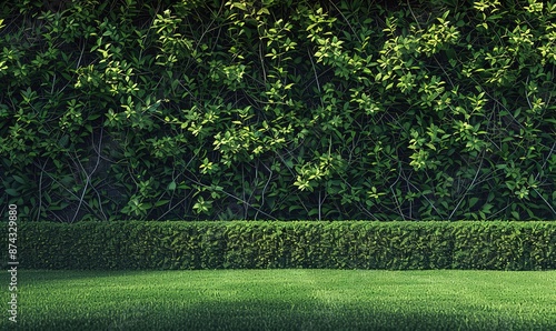 A yard with neat green grass with walls covered with green plants