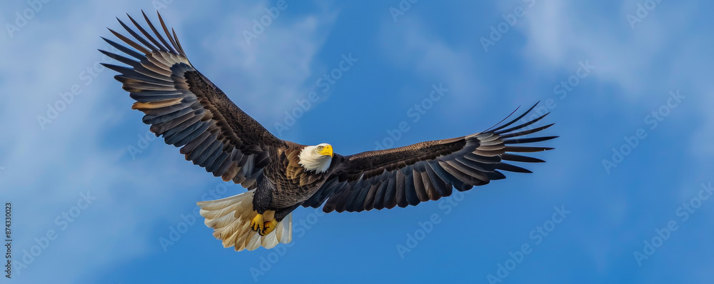 An eagle gliding through clear skies with a wavy American flag trailing behind, creating a sense of freedom and pride. An eagle gliding through clear skies with a wavy American flag trailing behind, creating a sense of freedom and pride.