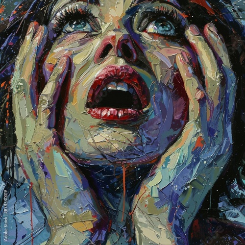 Expressive Oil Painting of Woman with Open Mouth and Hands on Face Depicting Intense Emotions, Vivid Colors and Textured BrushstrokesAbstract Art