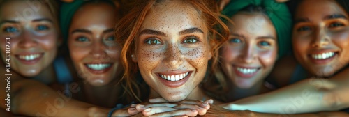 Group of Happy Smiling Women in Close-Up Portrait with Natural Freckles and Diverse Skin Tones Enjoying Outdoor Friendship Togetherhappy photo