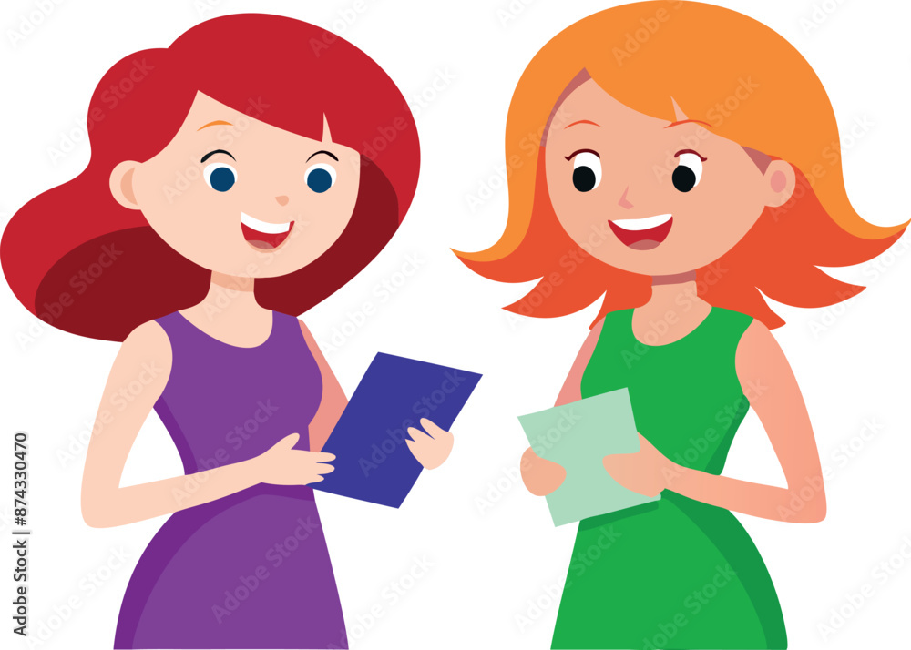 Two women are smiling and holding papers Two women are smiling and holding papers