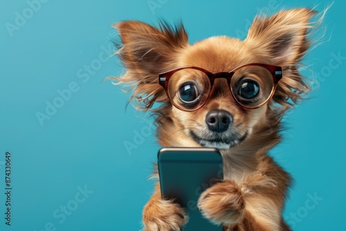 A small brown dog wearing glasses holds a smartphone in front of a bright blue background © AlirezA