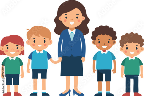 A group of children are standing in a line with a woman in a blue suit