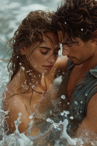 Romantic young couple embracing in the ocean as waves splash around in a passionate, intimate moment of connection and affectionlove photo